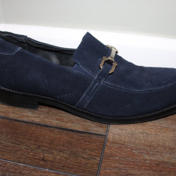 Stacy Adams 10M Men's Blue Suede Slip-On Loafers Dress Shoes w/ Chrome Buckle - Picture 2 of 16